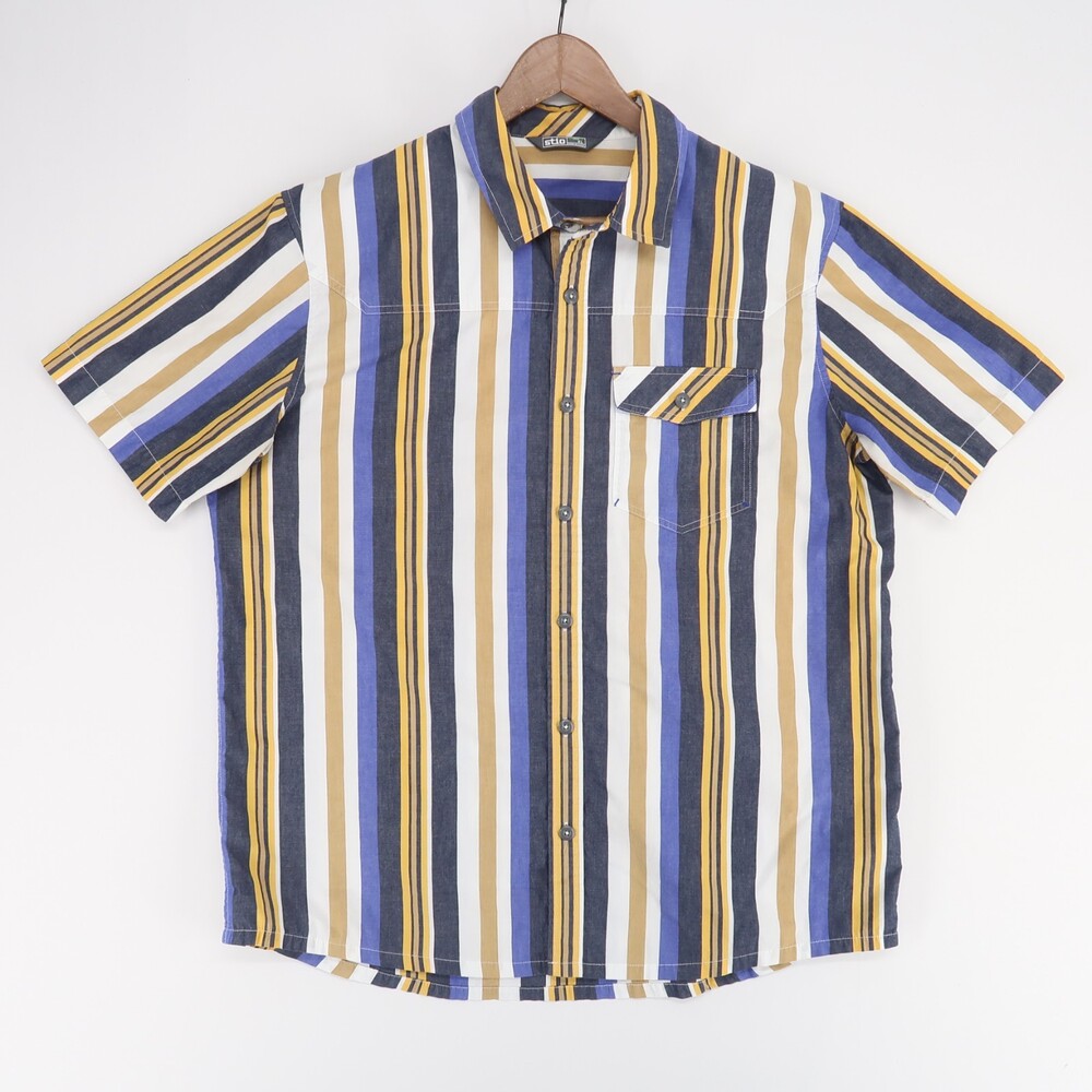 Stio Curtis Shirt Mens XL Blue Striped Short Sleeve Button Up Organic Cotton
